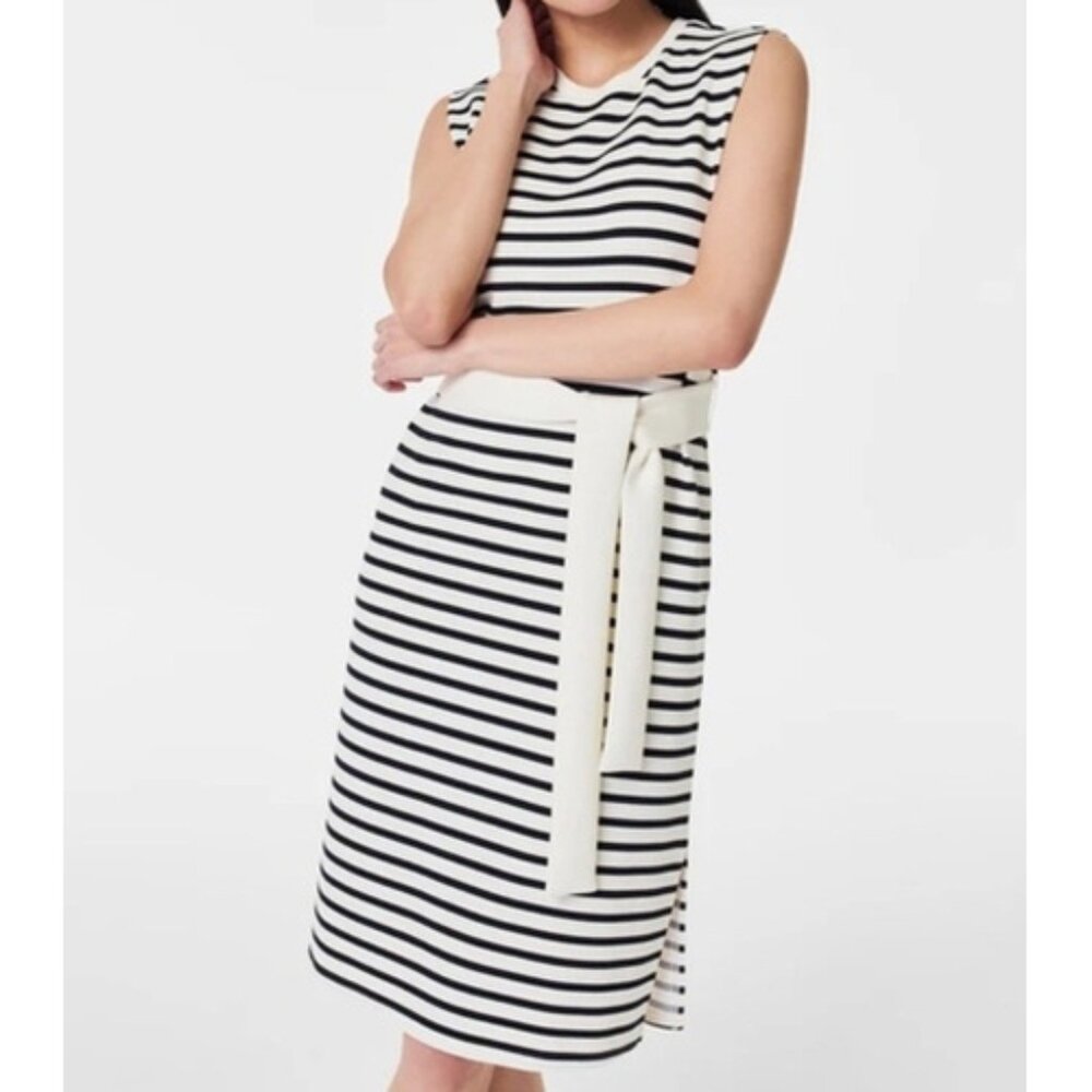 Spanx AirEssentials Sleeveless Tie Waist Tank Dress Porcelain Deep Night Stripe